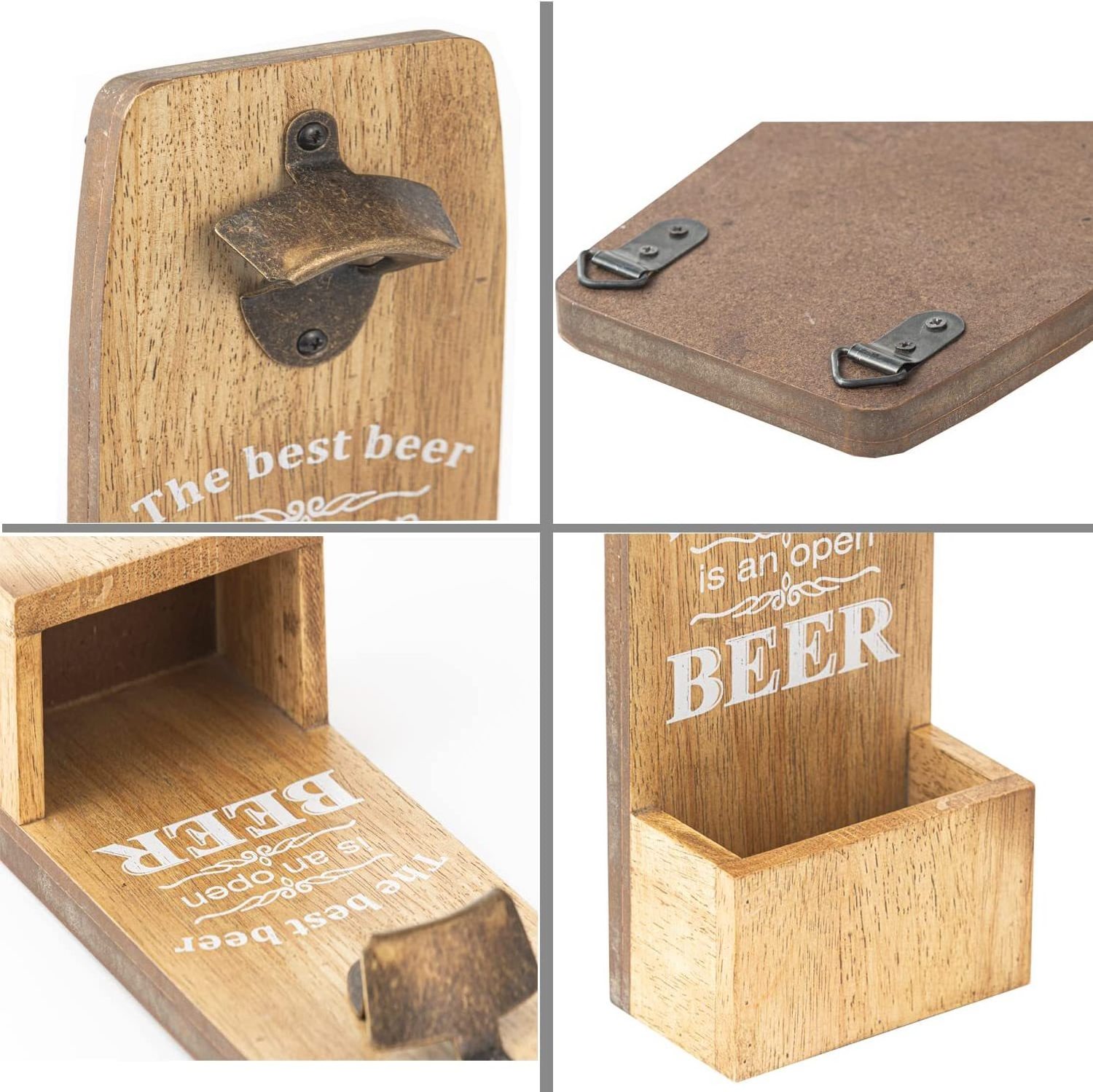 Customized wall mount beer wooden bottle opener with catcher for home bar party