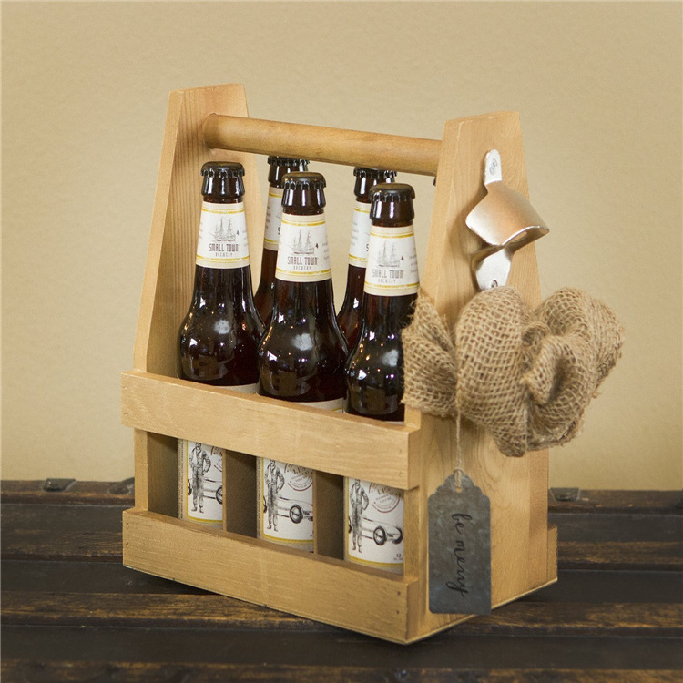 Party Handmade Rustic Beer Basket with Opener Wooden 6 Pack Beer Bottle Holder Caddy Wine Beer Carrier