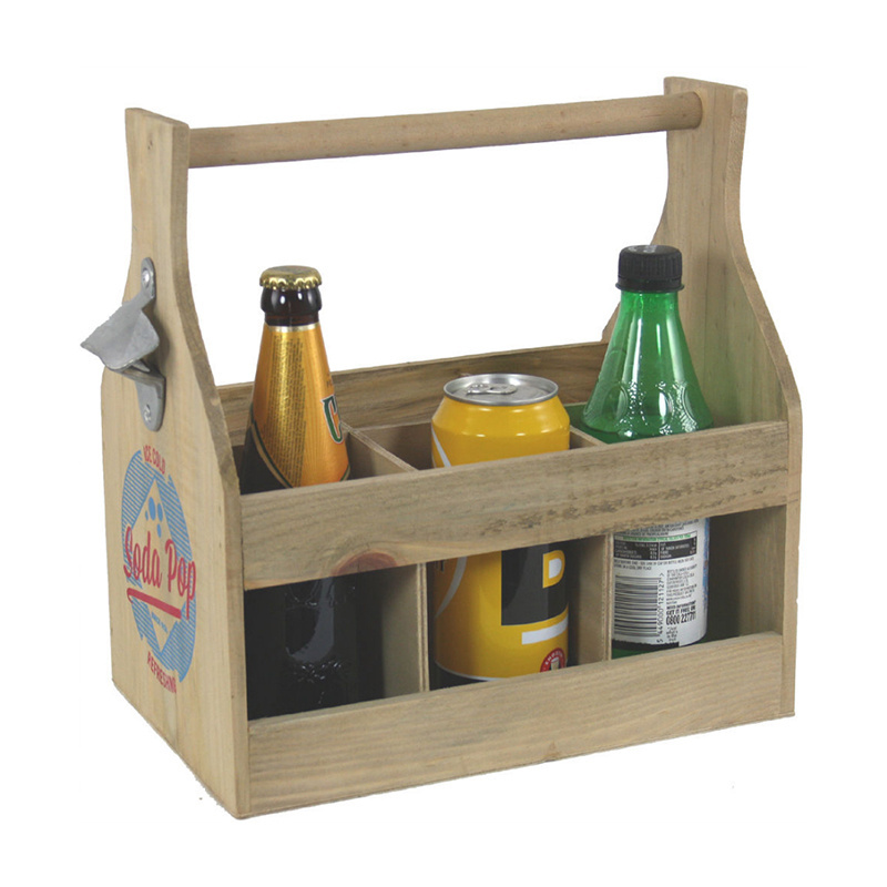 Party Handmade Rustic Beer Basket with Opener Wooden 6 Pack Beer Bottle Holder Caddy Wine Beer Carrier