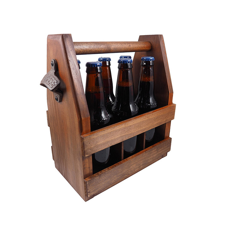 Party Handmade Rustic Beer Basket with Opener Wooden 6 Pack Beer Bottle Holder Caddy Wine Beer Carrier