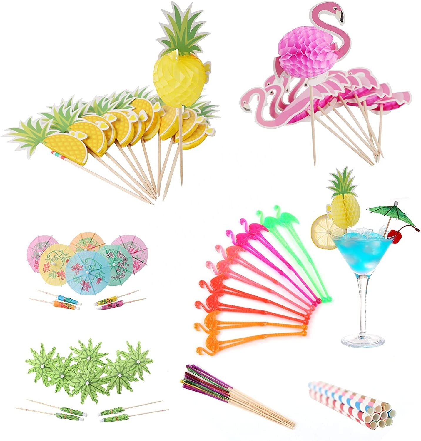 Cocktail Party Decorations Flamingo Cocktail Stirrers Sticks Paper Umbrella Sparkle Foil Tree Stick for Party Accessories