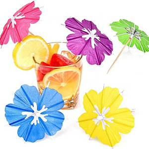 Hibiscus Flower Umbrellas Cocktail Picks Sticks Parasol Cocktail Umbrellas Sticks with Wood Toothpicks for Summer Party Decor