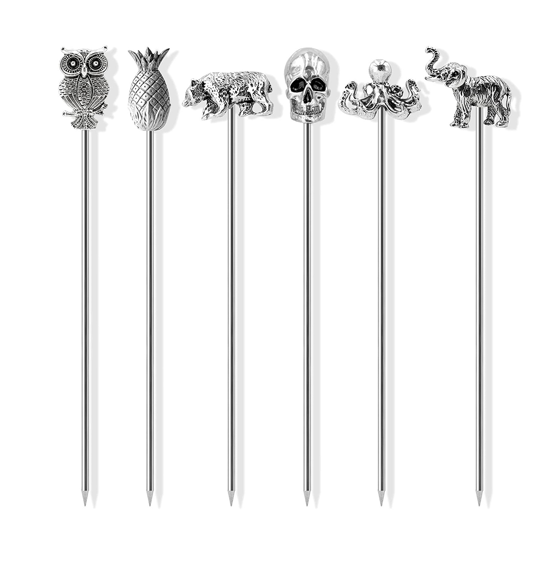 Bartender Tools Custom Stainless Steel Cocktail Pick Sword Zinc-alloy head Cocktail Toothpick Fruit Martini Picks