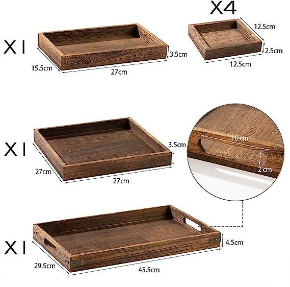 Custom Kichen Serving Wood Bamboo Wooden Rustic Tray Set With Handle Logo