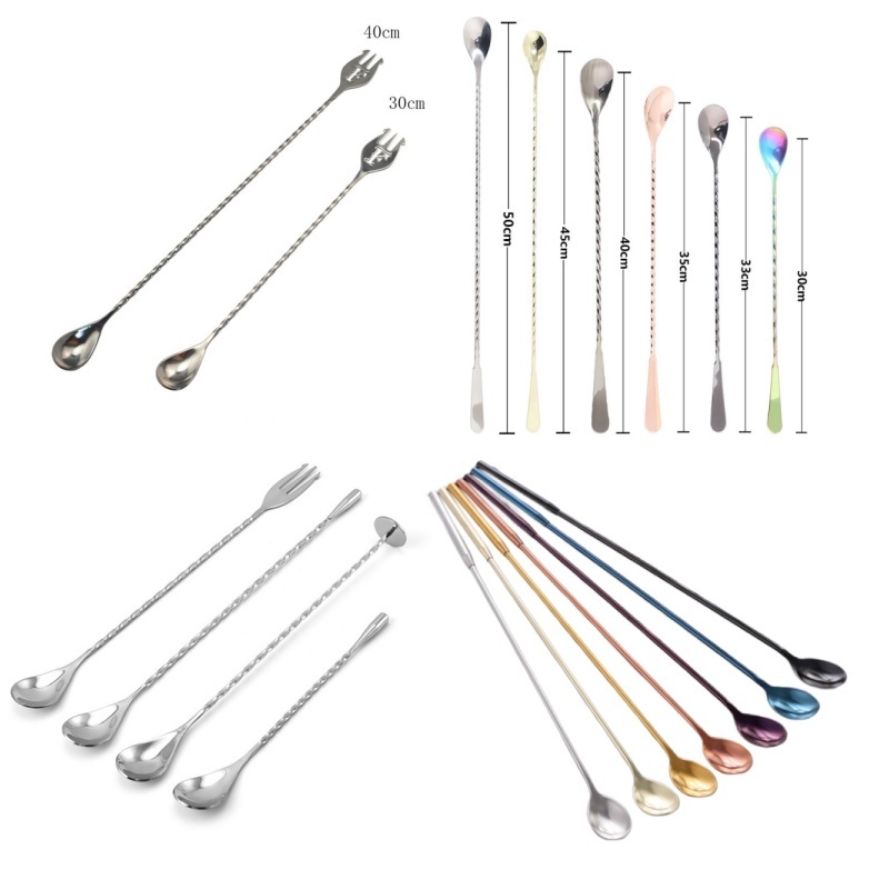 Customized Factory price mixology bartender 40 cm bar spoon stainless steel cocktail spoon mixer spoon and fork