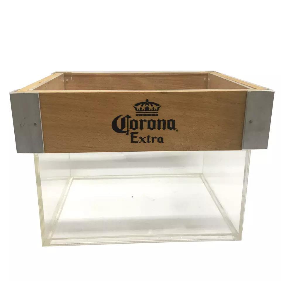 High quality clear square wooden ice bucket beverage vodka bottle acrylic plastic ice bucket