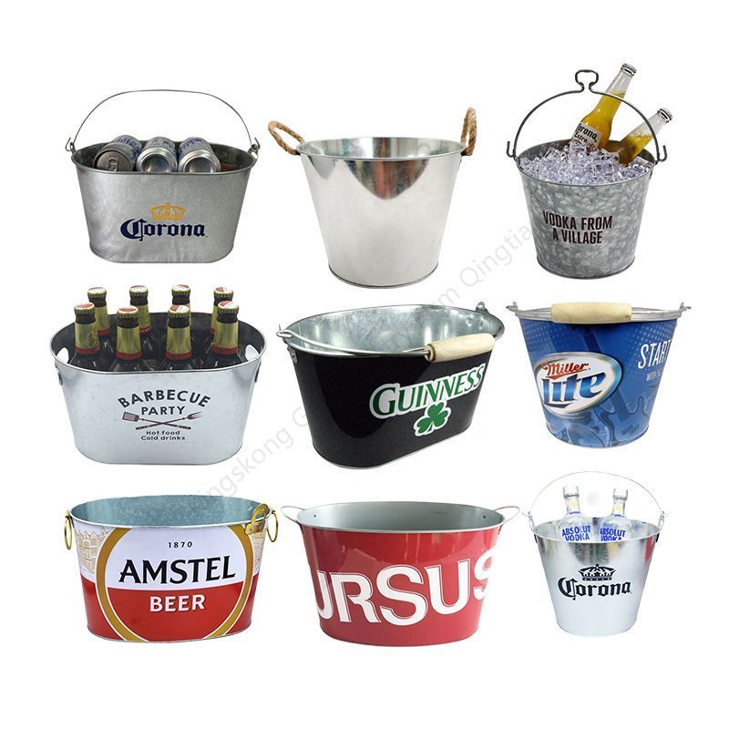 Round square oval 1L 3L 5L 6L 8L 10L 15L 20L 30L custom logo heat transfer silk printing galvanized metal beer ice bucket