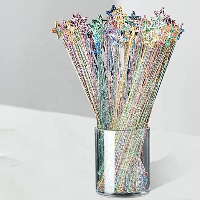 9.1 Inch Swizzle Sticks Cocktail Glittery Mixed Color Stirrers Sticks for Bar Disposable Plastic Star Top Crystal Swizzle Sticks