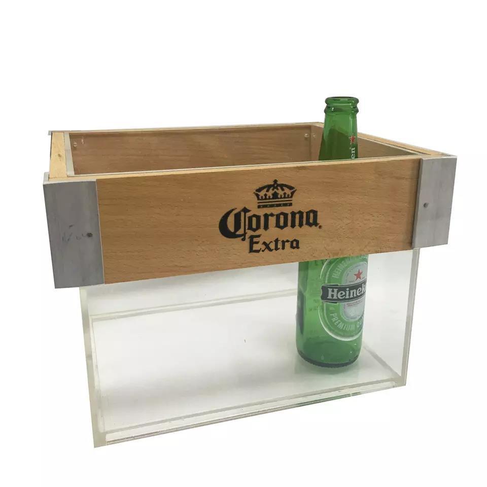 High quality clear square wooden ice bucket beverage vodka bottle acrylic plastic ice bucket