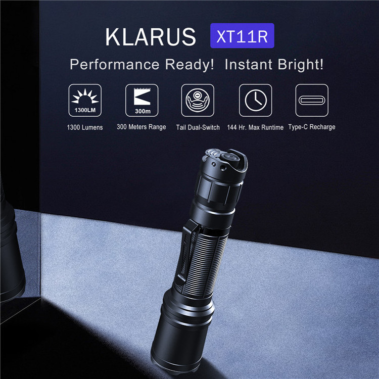 KLARUS XT11R 1300 Lumens Tactical Flashlight, USB C Rechargeable Handheld Flashlight with 18650 Battery, Dual Tail Switches