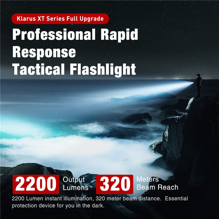 KLARUS XT11GT Pro 2200 Lumens USB C Rechargeable Tactical Flashlight, Instant Reaction Dual Tail Switches