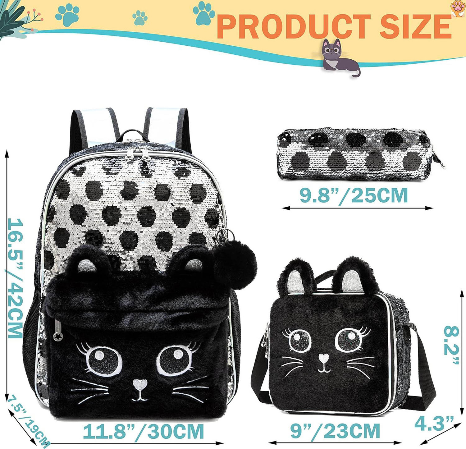 Cute Cat Backpack for Girls Sequin School Backpacks with Lunch Box for Elementary Students Kids Travel Bookbag Set 4 in 1