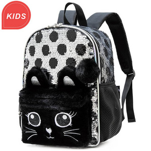 Cute Cat Backpack for Girls Sequin School Backpacks with Lunch Box for Elementary Students Kids Travel Bookbag Set 4 in 1