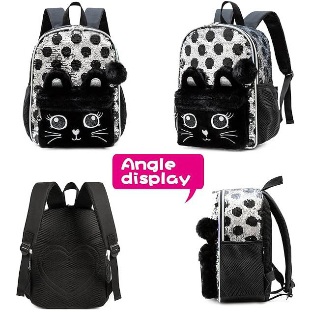 Cute Cat Backpack for Girls Sequin School Backpacks with Lunch Box for Elementary Students Kids Travel Bookbag Set 4 in 1