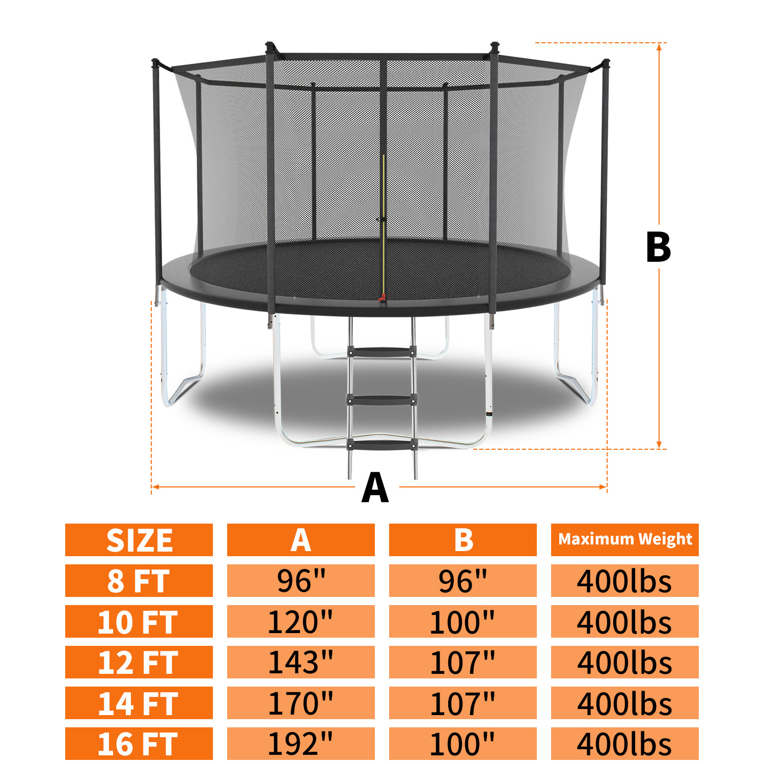 6-16FT Jump Recreational Trampoline with Enclosure Net & Ladder-Metal Trampolines