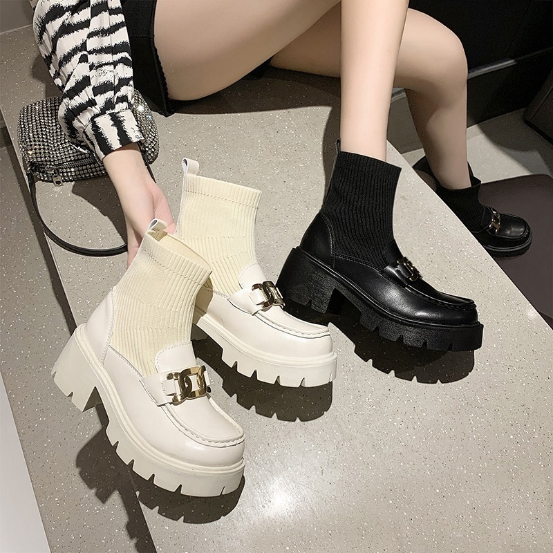 Fashionable Walking Boots Metal Buckle Sleeve Knitted Socks Martin Boots Short Boot Women