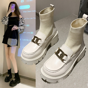 Fashionable Walking Boots Metal Buckle Sleeve Knitted Socks Martin Boots Short Boot Women