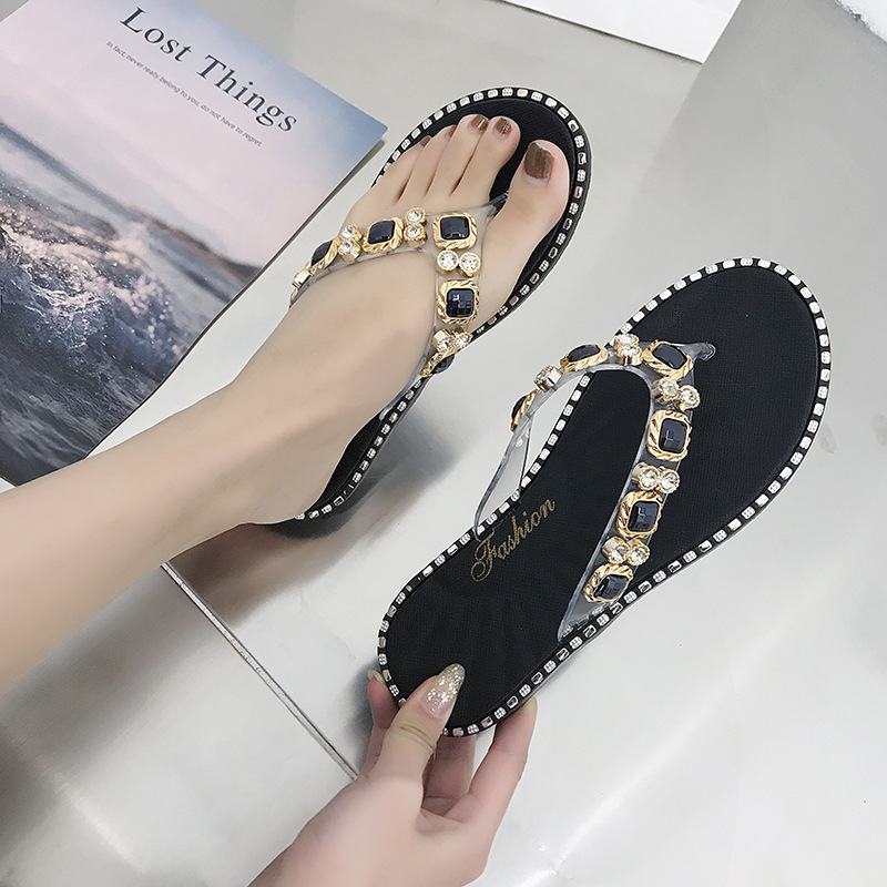 Shiny Crystal Decoration Flip Flops Fancy Diamonds Chain Slippers Outdoor Beach Fashion Flat Heel Thong Shoes