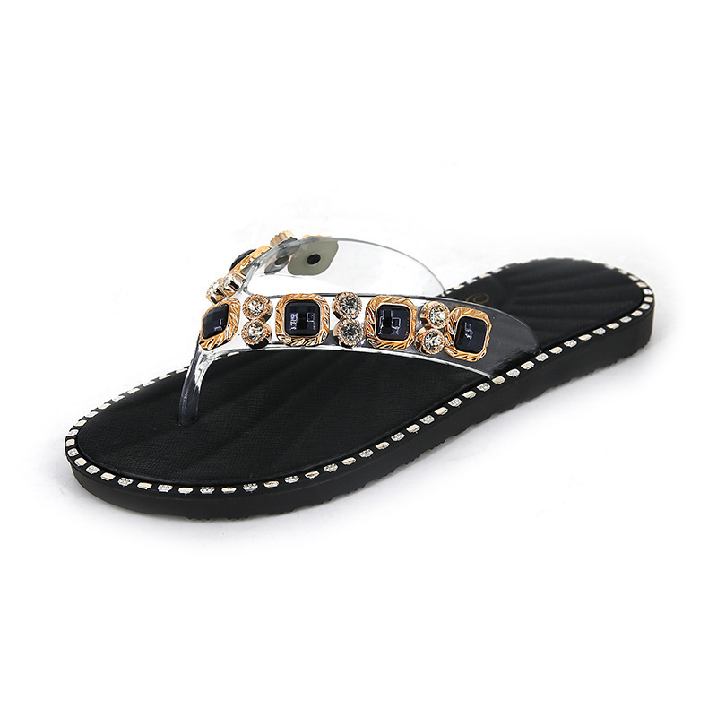 Shiny Crystal Decoration Flip Flops Fancy Diamonds Chain Slippers Outdoor Beach Fashion Flat Heel Thong Shoes