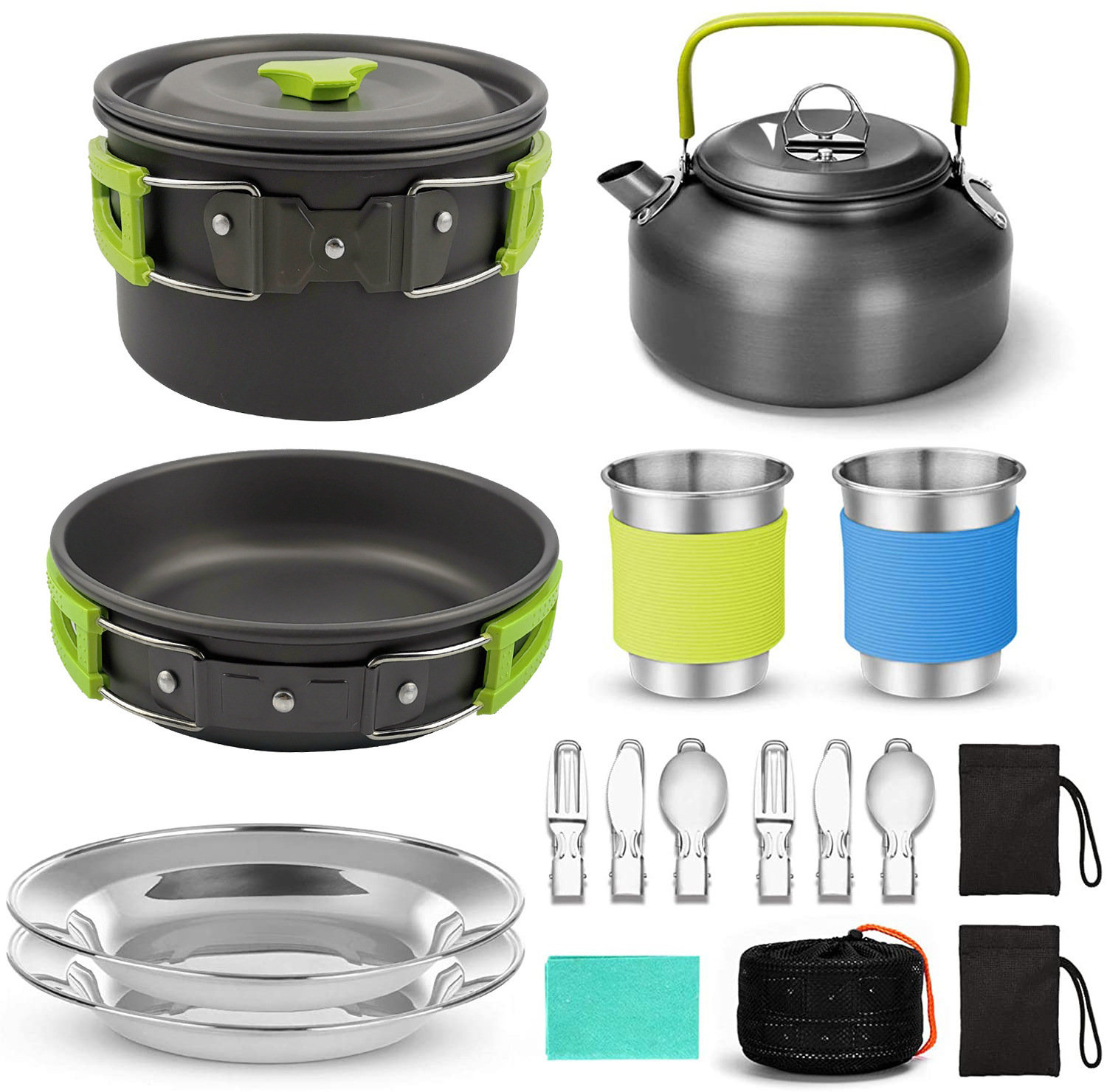 Outdoor Non-Stick Lightweight Pots Pan Kettle And Stainless Steel Dinner Cutleries Camping Cookware Mess Kit