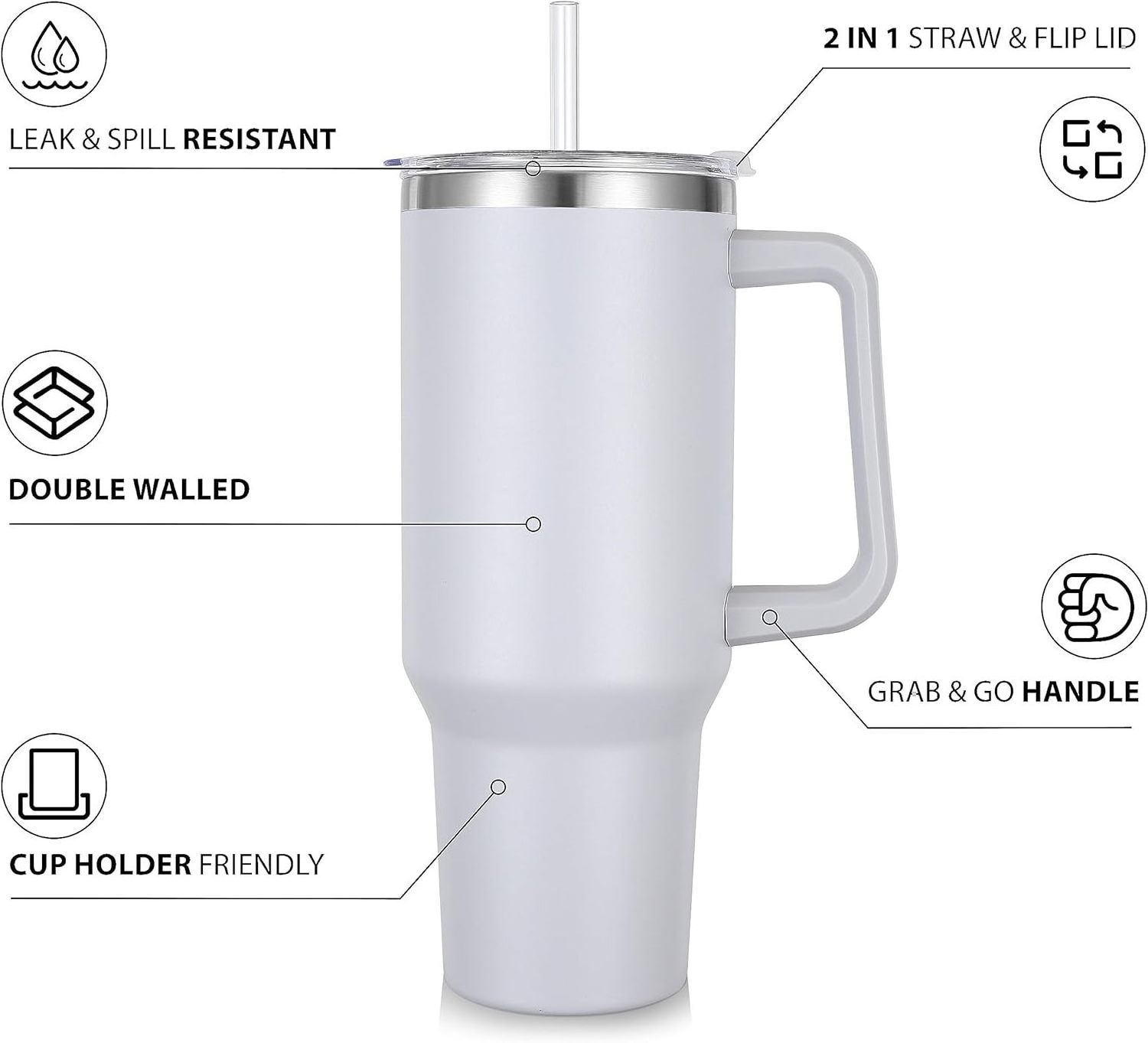 Double Vacuum Travel Mug Coffee Cup Stainless Steel Vacuum Insulated Water Bottle 40oz Tumbler with Handle