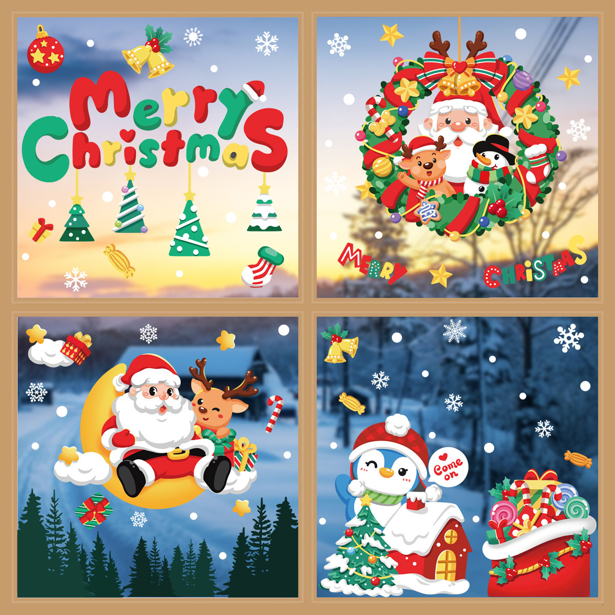 2024 New Christmas Glass Window Decoration Santa Reindeer Snowman Clings Stickers for Xmas