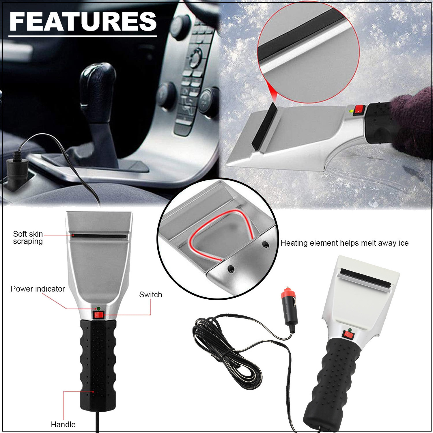 18W Auto Heated Snow Shovel Electric Windshield Ice Scrapers for Cleaning Cars Electric Car Ice Remove Shovel