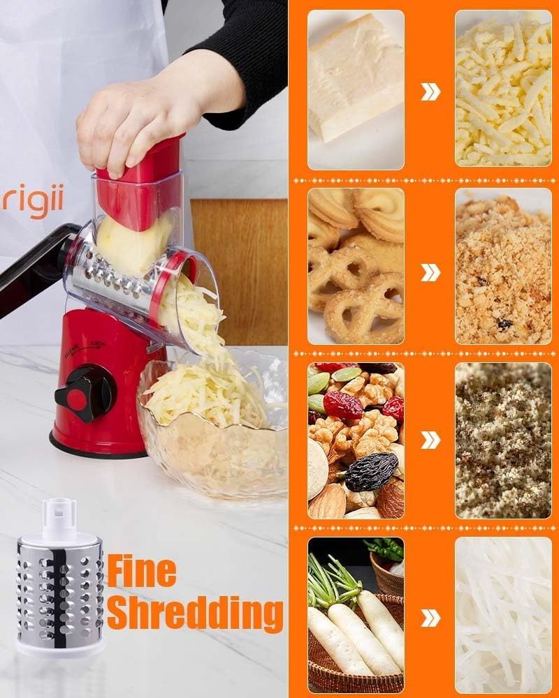 5 in 1 Rotary Cheese Grater Replaceable Stainless Blades Cheese Shredder Mandoline Slicer Vegetable Chopper