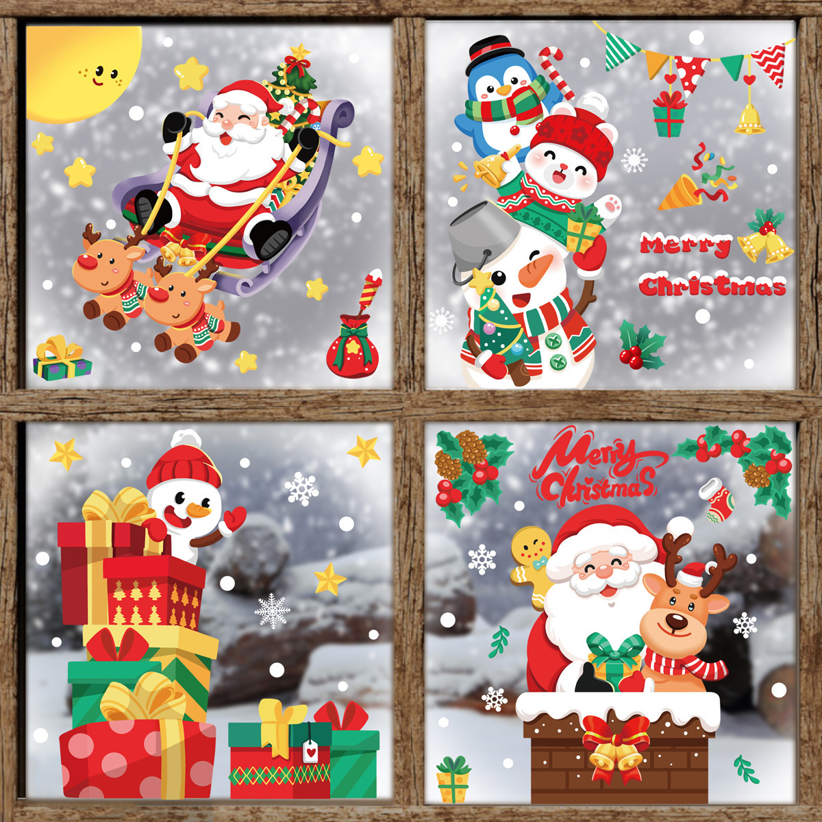 2024 New Christmas Glass Window Decoration Santa Reindeer Snowman Clings Stickers for Xmas