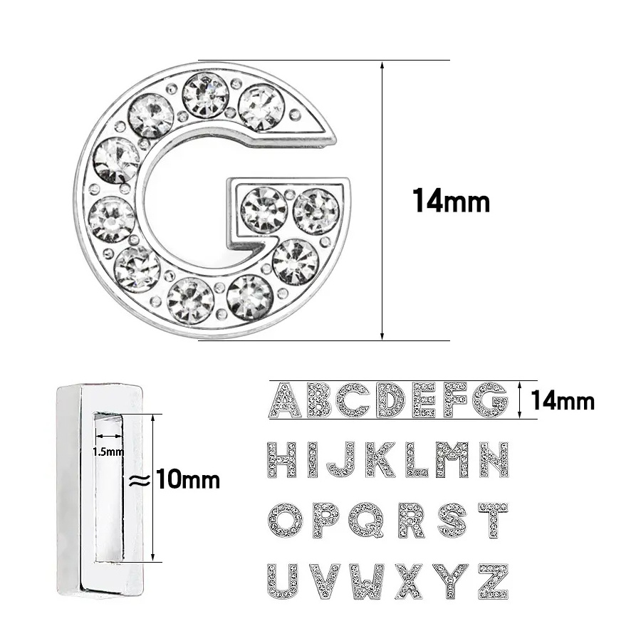 Letter A-Z 10mm Full Rhinestone Slide Charms Crystal  Letter Charm Alloy 26 Letter Charm for Bracelets Necklace Wristbands