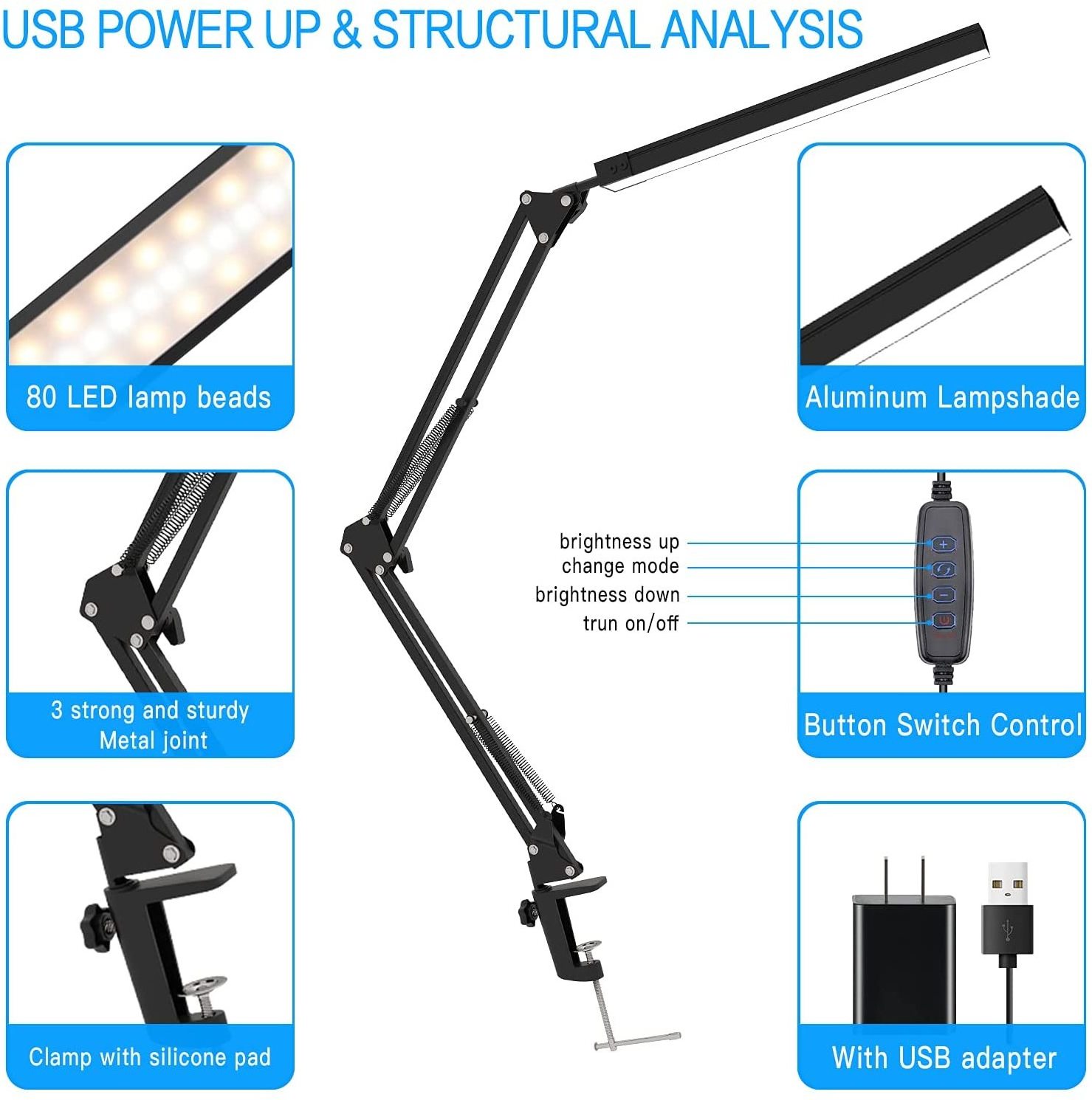 popular Swing Arm Lamp New Led Metal Clip Table desk Lamp Dimmable Bedroom Reading with Usb Plug-In Desk Lamp For Study