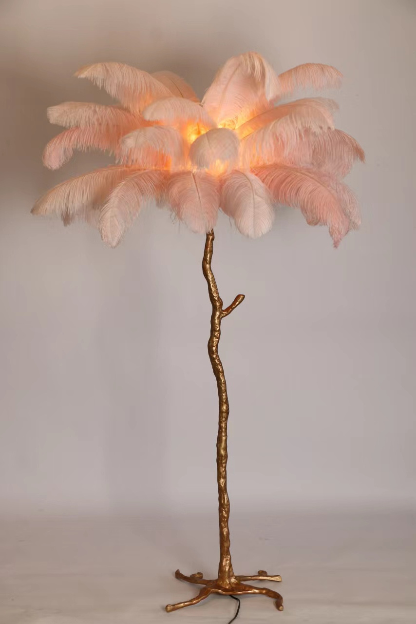 Feather Floor Lamp Modern Copper Luxury Decoration Ostrich Tree Stand Feather Large Led Floor Lamp