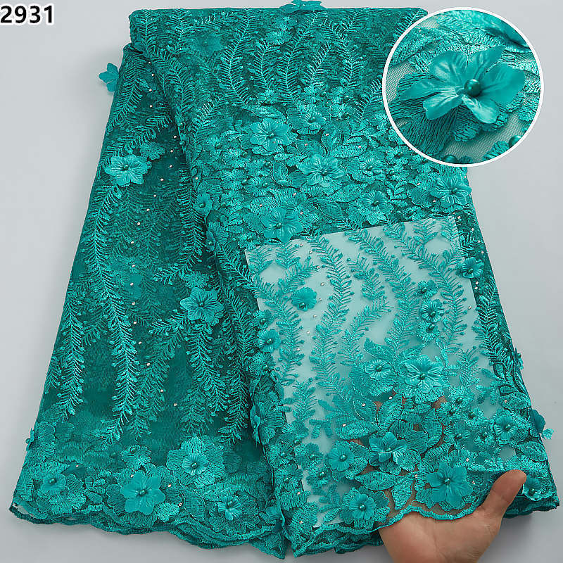 2931 African Lace Fabrics Shiny Sequins Beads French Tulle Net Embroidered Fabric with 3D Flower for Wedding Dress Wholesale