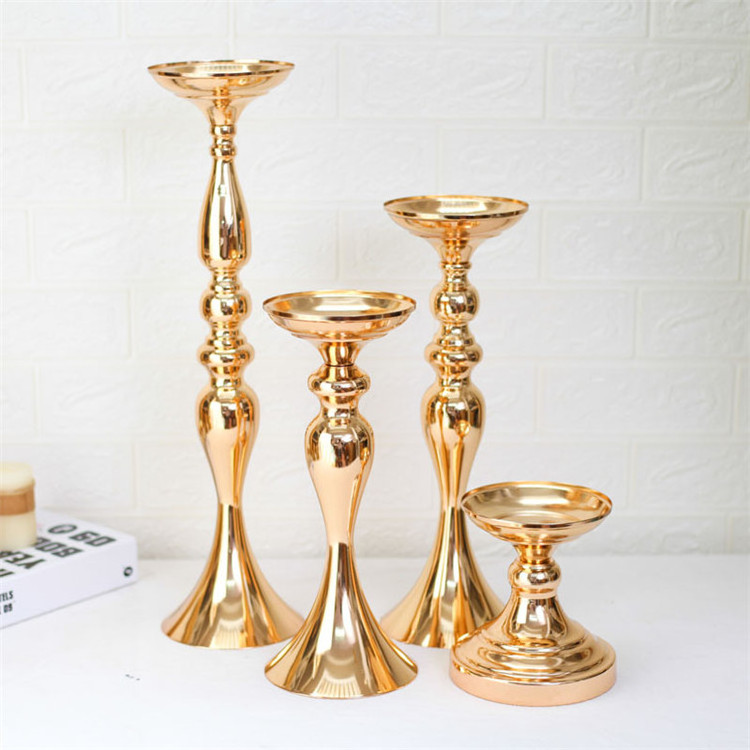 Gold Candle Holder Metal Flower Vase Candlestick Pillar For Wedding Props Table Centerpiece Decor