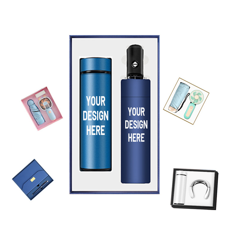 Custom Logo Bottle Gift Box Promotional Cup Umbrella 2 Pieces Gift Set for Business Marketing