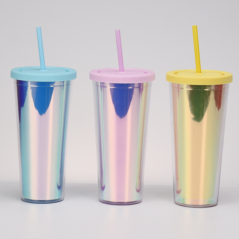 24oz 16oz Plastic Cup with Lid and Heart Shaped Straw Rainbow Color Coffee Cup Water Tumbler