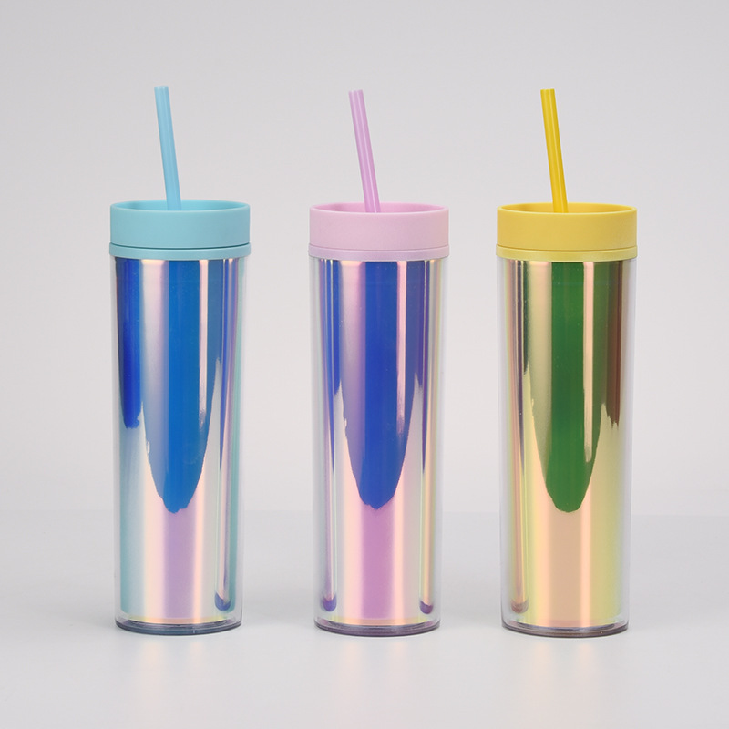 24oz 16oz Plastic Cup with Lid and Heart Shaped Straw Rainbow Color Coffee Cup Water Tumbler