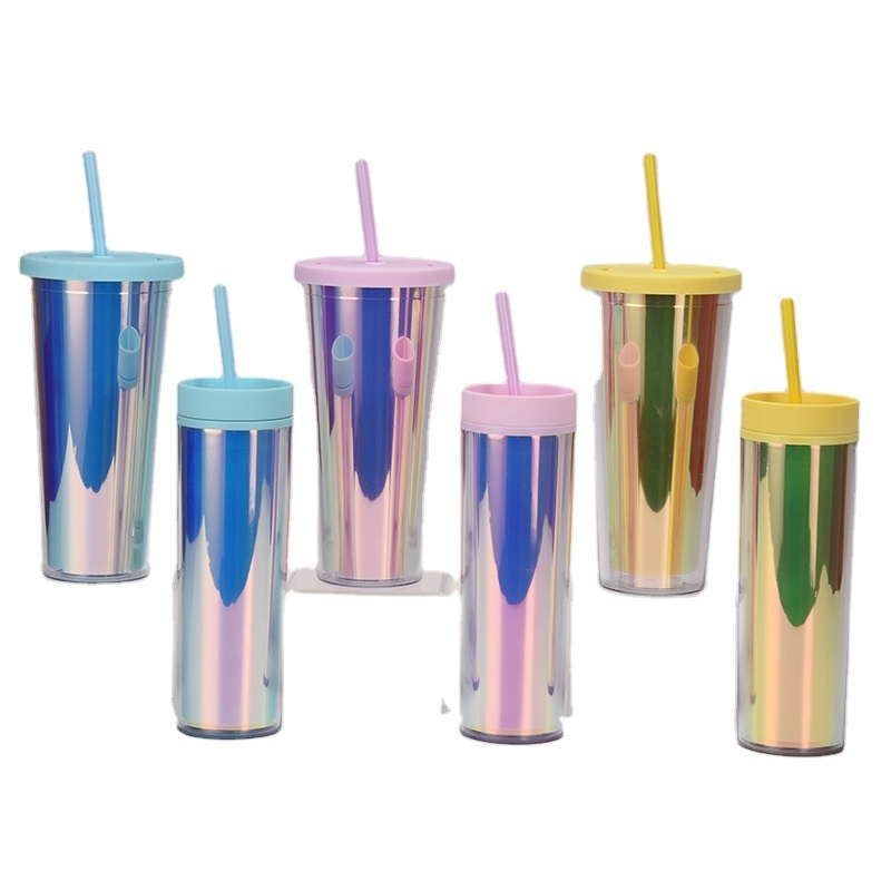 24oz 16oz Plastic Cup with Lid and Heart Shaped Straw Rainbow Color Coffee Cup Water Tumbler