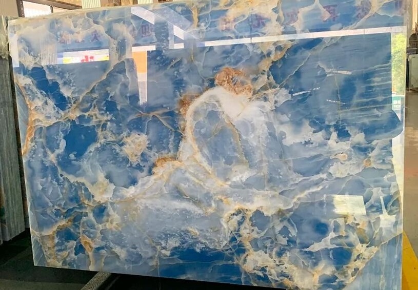 Translucent Blue Onyx Stone Wall Panel Polished Natural Marble Background Design for Kitchen Floor Slab and Tile