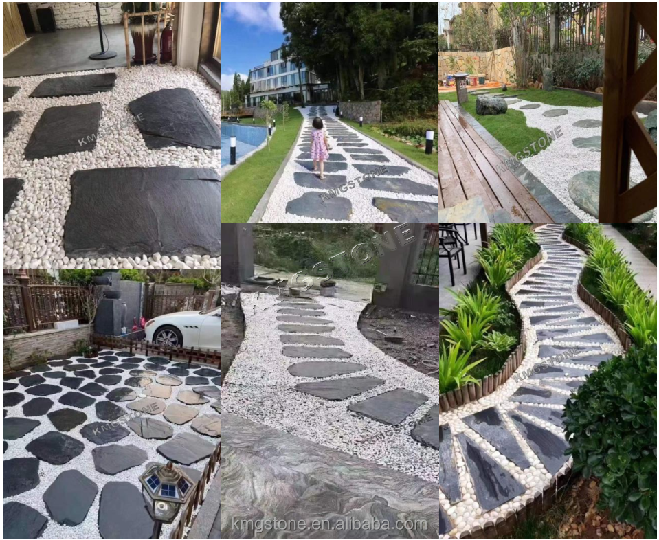 Natural Black Slate Outdoor Garden Stepping Stones Interlocking Paving Stone Tiles for Stone Steps and Floor Paving