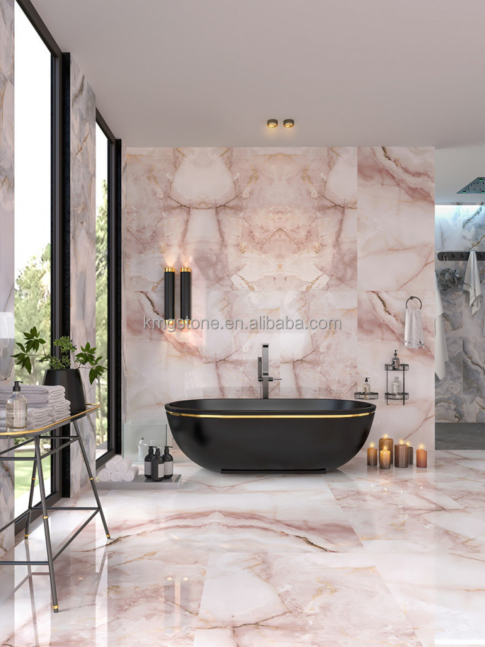 Customized Natural Onyx Marble Stone Slabs Translucent Polished Rose Pink Tiles Vanity Tops Backlit Graphic Design Project