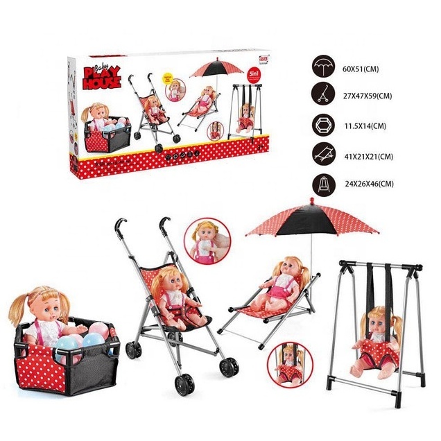 2023 Hot Sell 5 Set of Beach Outdoor Stroller Doll Toy With Beach Chairs Umbrellas Fence Ocean Balls Swings And  Plastic Carts