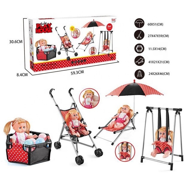 2023 Hot Sell 5 Set of Beach Outdoor Stroller Doll Toy With Beach Chairs Umbrellas Fence Ocean Balls Swings And  Plastic Carts