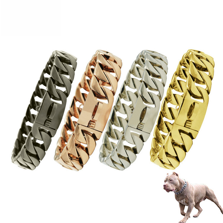 Wholesale Factory Golden 32mm Stainless Steel Dog Collar Bulldog Metal Pet Gold Dog Chain Collars and leash