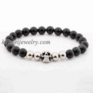 China Jewelry Manufacturer Shining Onyx Stone Beads Bracelet 316L Stainless Steel Skull Beaded Jewelry