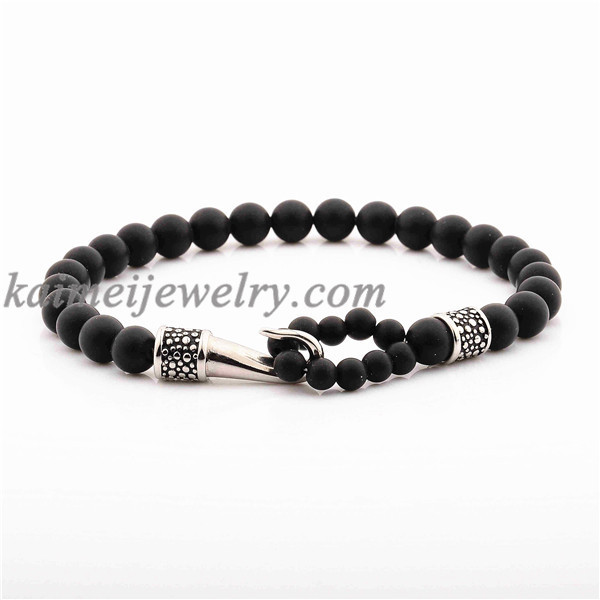 China Jewelry Manufacturer Shining Onyx Stone Beads Bracelet 316L Stainless Steel Skull Beaded Jewelry