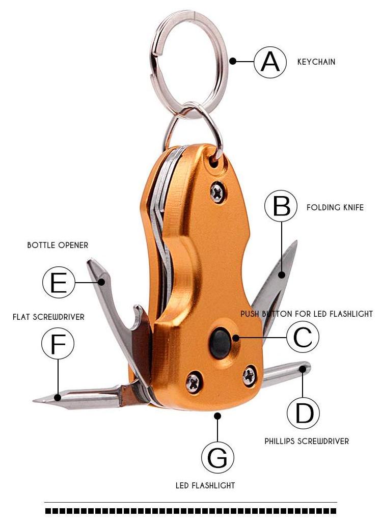 7in1 Camping Multifunction Tactical Key chains Tool Survival EDC Gear Folding Knife Opener LED Flashlight Screwdrivers Keychains