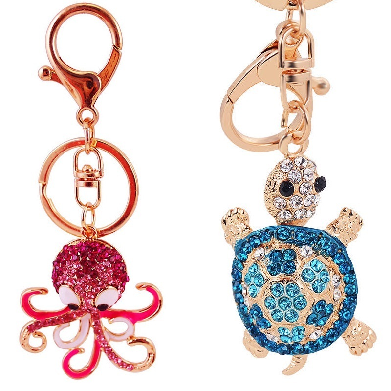 Sea Animal Metal Key Chains Pendant Cute Crystal Rhinestone Keychains Turtle Crab Dolphin Keychain Fashion Women Bag Accessories