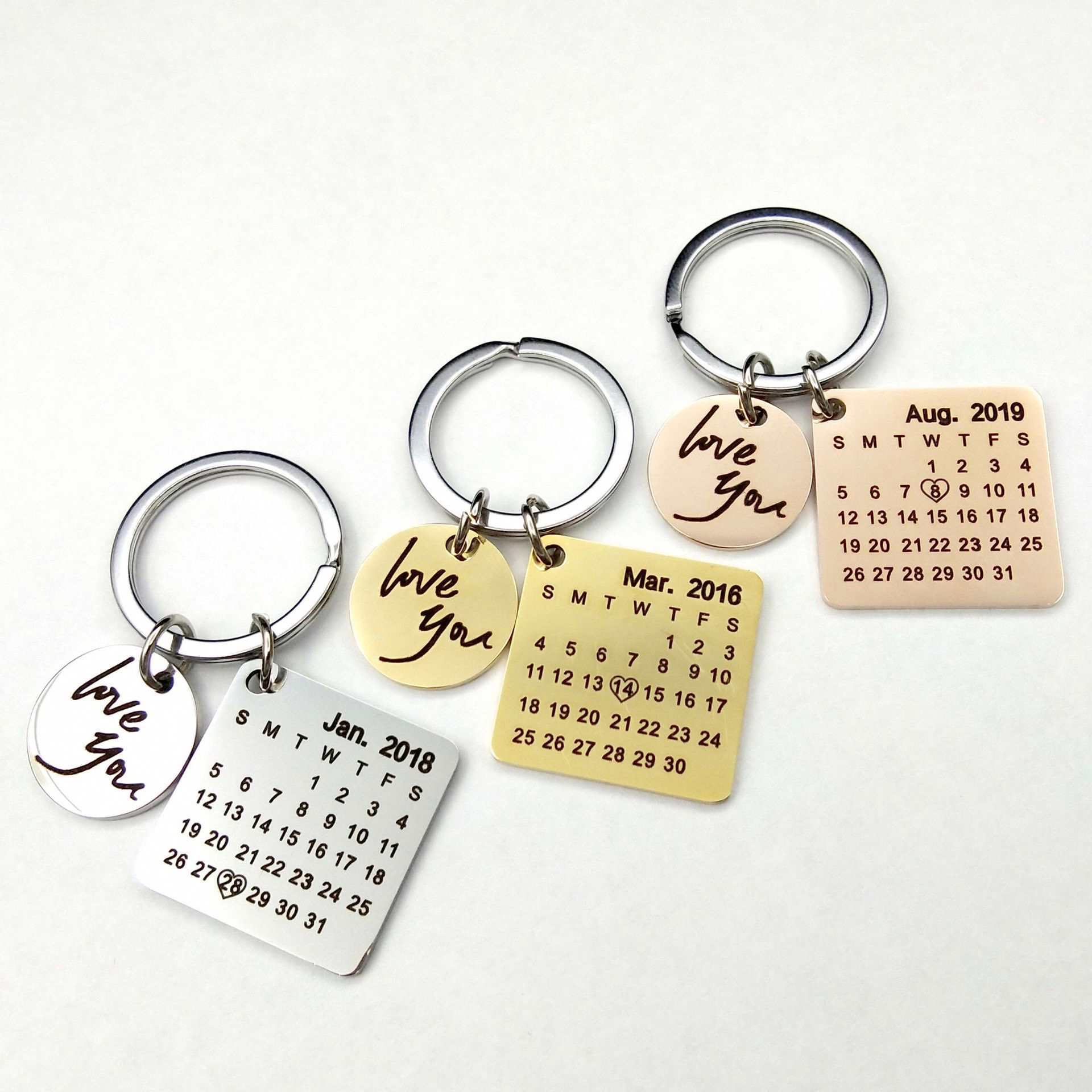 Stainless Steel Round Square Metal Personalized Keyring Engraved Wedding Anniversary Date Custom Calendar Keychain Couples gifts