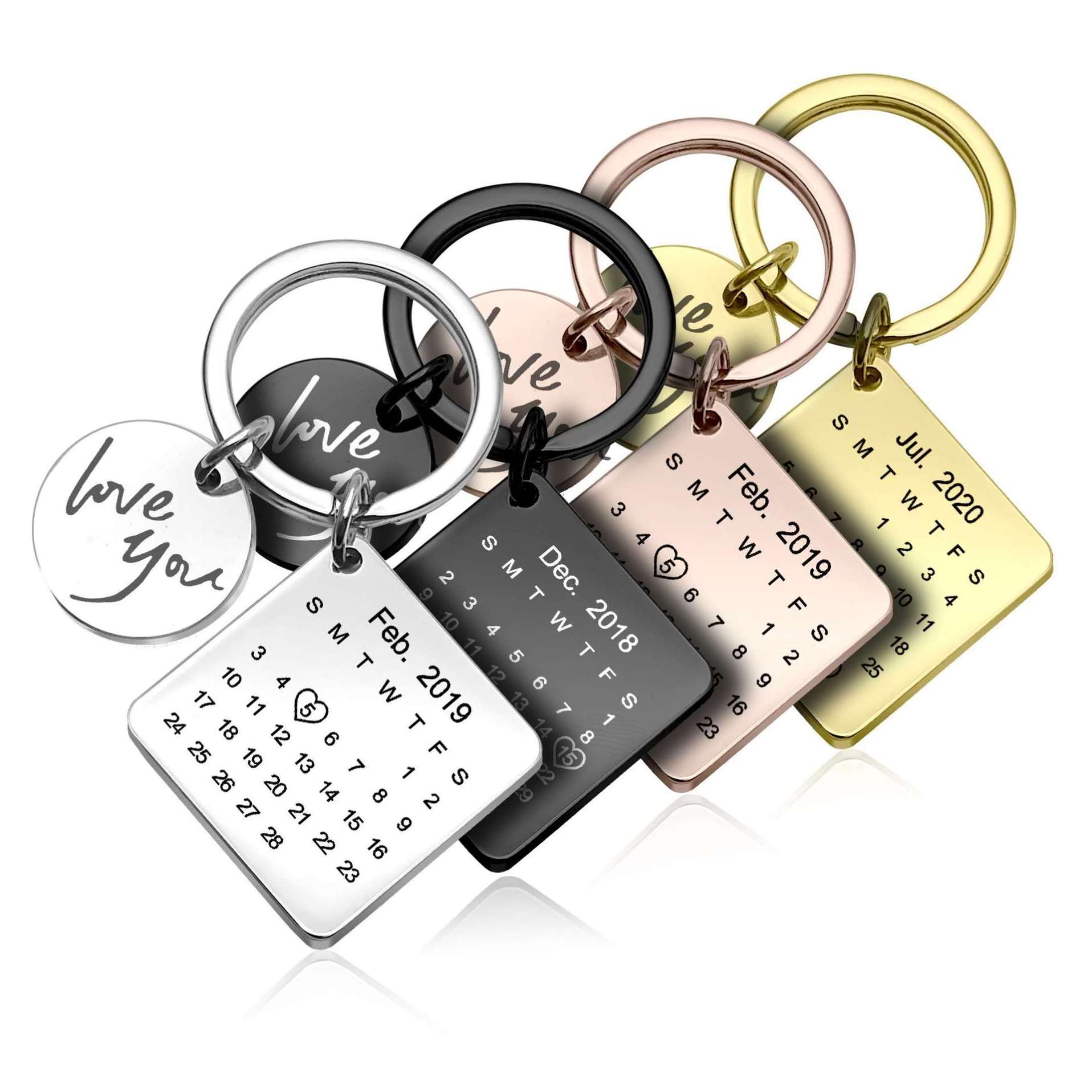 Stainless Steel Round Square Metal Personalized Keyring Engraved Wedding Anniversary Date Custom Calendar Keychain Couples gifts